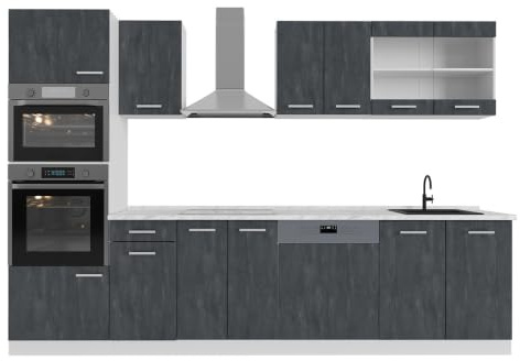 Vicco Küchenzeile R-Line, Schwarz Beton, 300 cm | 8 Module · Höhenverstellbare Füße · Ohne Arbeitsplatte · Robuste Fronten · Mit Backofen-/Mikrowellenschrank
