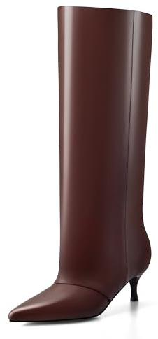 MIRAAZZURRA Knee High Boots Women Fold Over Boots Kitten Heel Pointed Toe Wide Calf Slouchy Pull on Women Boots, Brown, 5 UK