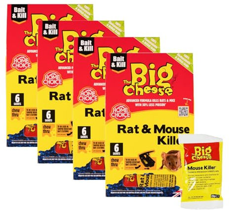 The Big Cheese Rat Poisoning Sachets - 4 Pack, 24 Total x 25g - Kills Mice and Rats, Indoor & Outdoor Use Bait Packet, Safe To Handle - Rat Killer For Mouse Traps - Super Strength Rat Poisoning