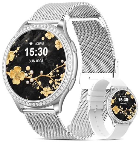 elfofle Smartwatch Damen mit Telefonfunktion, 1,32 IPS Touchscreen IP68 Wasserdicht mit 120 Sportmodi SpO2 Pulsuhr Menstruationszyklus Schlafmonitor Diamond Smart Watch für iOS Android (Silber)