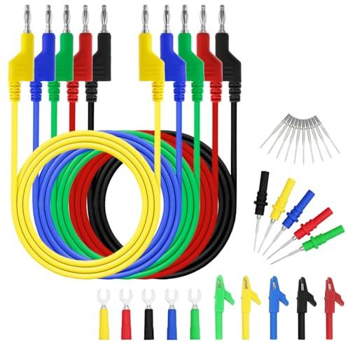 QWORK® 30PCS 4mm Multimeter Messleitungen, Multimeter Messkabelset, 5 Farben, mit Krokodilklemmen, Prüfgabelklemmen, Einstichsonden und Ersatznadeln