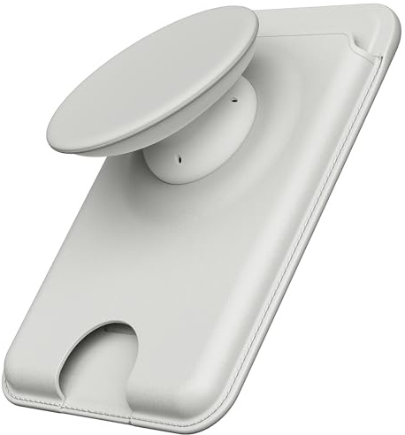Sinjimoru Phone Wallet for MagSafe, Phone Card Holder with Grip, Grey | M-Tap Tok Wallet, 3200G strength, soft silicone finger holder, vegan leather, phone stand, fits iPhone 17-12