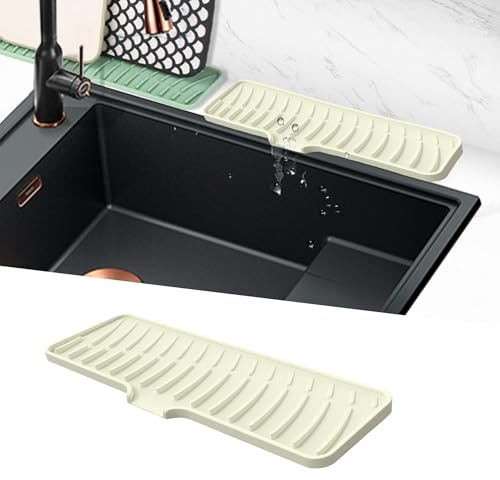 Volminex Silicone Faucet Mat, Kitchen Sink Splash Guard, White, 42 cm | Narrow Faucet Drip Tray, Draining Mat for Kitchen, Sink Protector Mat, Tap Drain Mats for Kitchen and Bathroom Countertop