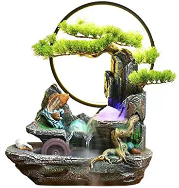WOTZOV Fontana a Cascata Fontana da Tavolo Fontana a Cascata in Resina da Tavolo con Luce LED Rotonda Albero Finto Decorazione per Ufficio Domestico per Ufficio Domestico