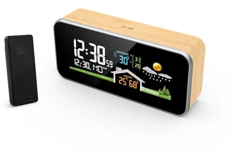 MRKU Termómetro meteorológico, estación meteorológica inalámbrica, Reloj Despertador de Madera, termómetro Digital, Sensor inalámbrico de Temperatura y Humedad, Reloj de Escritorio para el hogar 30