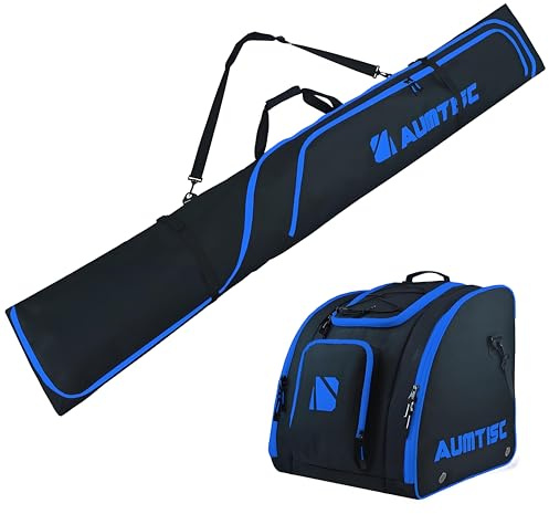 AUMTISC Juego de bolsa de esquí y bolsa para botas de esquí, bolsa de viaje de esquí duradera y acolchada, longitud ajustable, forro interior impermeable, se adapta a esquís de hasta 200 cm