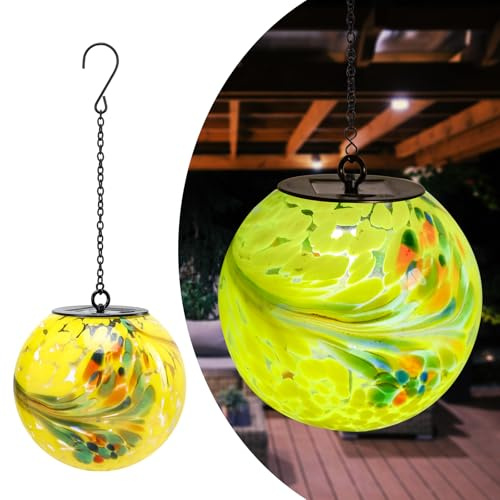 Solar Hanging Lanterns Outdoor Solar Glaze Glass Lantern Gazing Ball Globe Hanging Outdoor Lights for Garden Yard Home Decoration Yellow