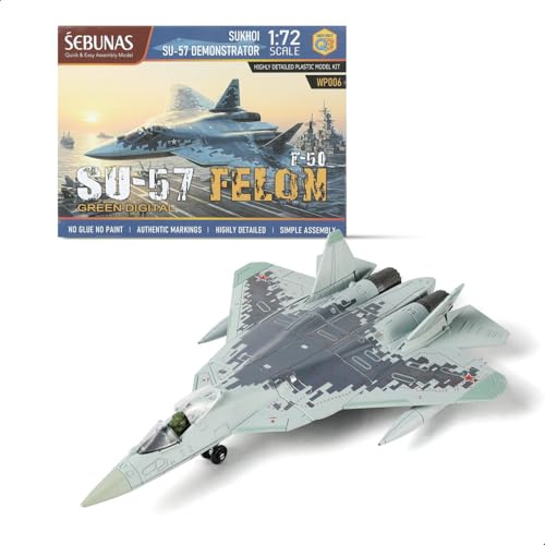 SEBUNAS Kit modello di aereo da caccia SU-57 in scala 1:72 militare in plastica, modello di aereo da assemblaggio rapido con supporto regalo (31 pezzi)
