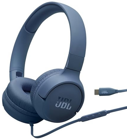 JBL Tune 520 C Cuffie con Filo On Ear, Microfono, Suono Pure Bass, Preimpostazioni EQ, Connettività USB Tipo C, Design Pieghevole e Cavo Anti-Groviglio, Blu