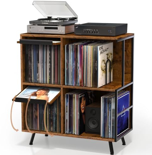 Faesun 3 Tier Flip Top Record Player Stand, Vinyl Record Storage Holds up to 300+ Albums, Large Record Player Cabinet, Vintage Turntable Stand with Vinyl Display, for Living Room Bedroom, Rustic Brown
