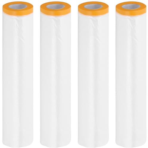 PINGEUI 4 Pack 3x20M Dust Sheet Rolls, Pre Taped Masking Film, Plastic Tape And Drape Self Adhesive Decorating Sheets for Painting Furniture Covering