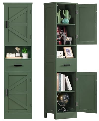67 H Tall Bathroom Storage Cabinet with Barn Doors and Drawer | Bathroom Cabinet, Narrow Storage Unit with Adjustable Shelves, Floor Cabinet, Bathroom, Living Room, Entryway, Kitchen, Green