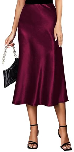Koerye Gonna Lunga Satin Estiva Casual Donna Gonna Avvolgente Raso Seta Vita Alta Midi Elegante Elastica Solida Colore Abiti Bordeaux,M