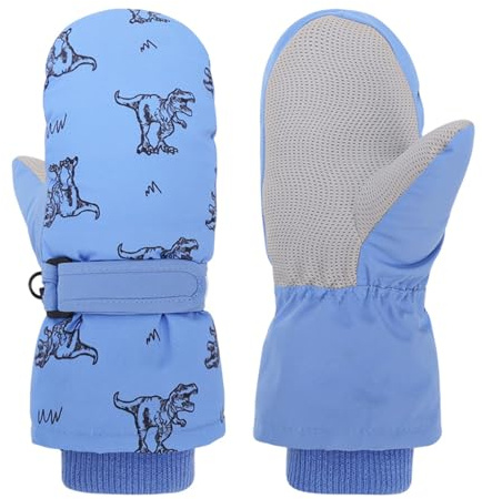 Jupsk Guanti da sci invernali per bambini, guanti da sci con dinosauro, impermeabili, in peluche per bambini, 3-5 anni (blu)