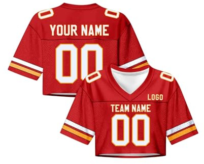Generisch American Football Trikot Damen personalisiert Name Nummer, Y2K Crop Top Oversize Streetwear Mädchen, Sport Bauchfreies Oberteil Kurzarm V-Ausschnitt Cheerleader Outfit