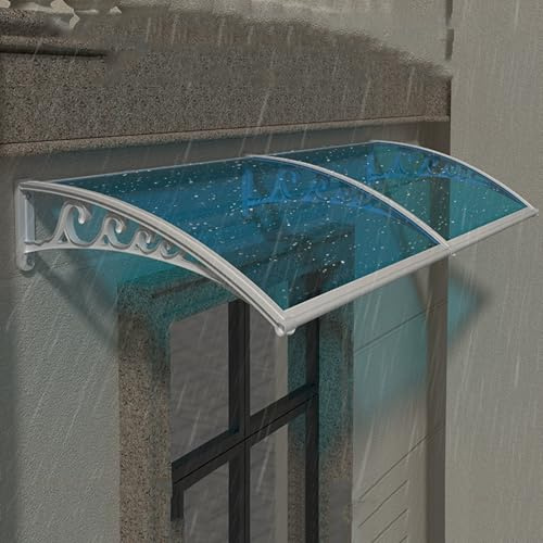 Durable Front Door Canopy Modern Transparent Awning for Entrance UV-Protection Pult Canopy Blue Panel + Optional Black/White/Gold Brackets (80x470cm/32x185)