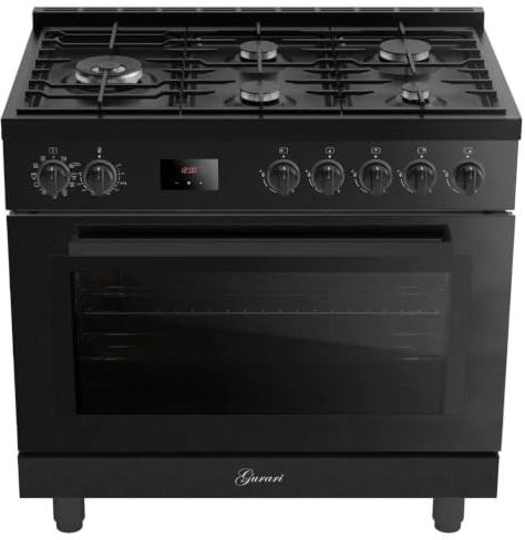 Gurari gasspis 90 cm GCH E 818 BL • Elektrisk gas, stående spis, svart • 126 L XXL ugn med luftstekpanna och roterande spett • 5 gasbrännare med 4 kW WOK-brännare • Naturgas/propangas • Premium Line
