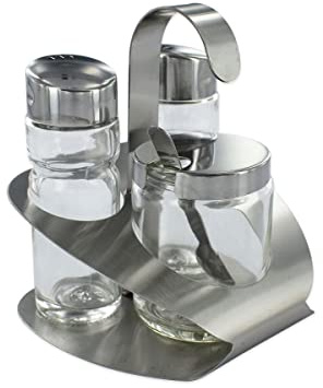 Fackelmann Ensemble Sel et Poivre Moutarde Table Menage Epices Menage Kit Support à épices Salière Poivrière Moutardier Acier Inoxydable Verre