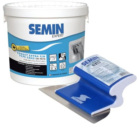 SEMIN Enduit de Lissage Extra Fin 1,5 kg + Lame CE78 15 cm – Type Gras Sans Solvants – Prêt à l’Emploi – Finition Ultra Lisse Avant Peinture – Kit Enduit + Outil