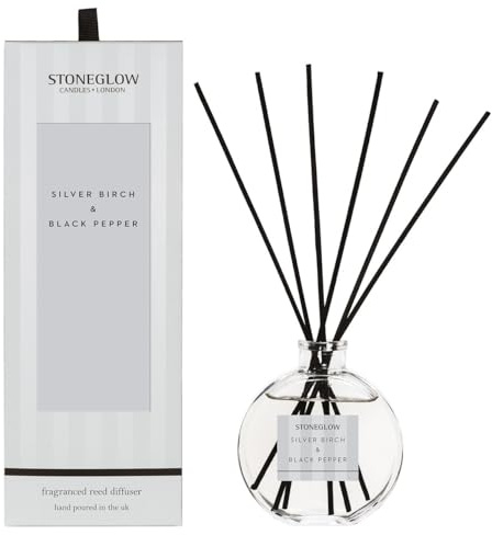Stoneglow Modern Classics Silver Birch & Black Pepper Scented Reed Diffuser 120ml with Rosemary, Cognac & Patchouli, 12 Rattan Reed Diffuser Sticks, Lasts 10 Weeks, Refillable Home Fragrance