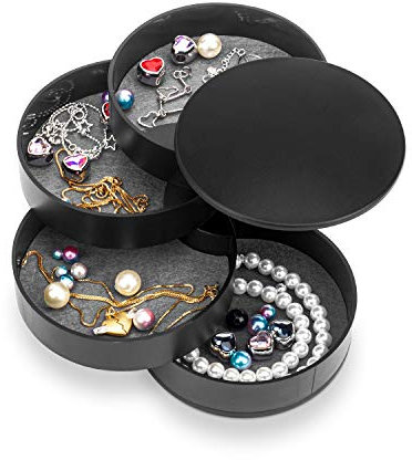 HengLiSam Schmuck Organizer, Kleine Schmuckschatulle Ohrringhalter für Frauen, Schmuck Aufbewahrungsbox 4-lagig Drehbar Schmuck Zubehör Ablageschale mit Deckel für Ringe Armbänder (Schwarz)