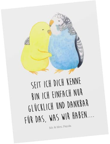 Mr. & Mrs. Panda Postkarte Wellensittich Liebe - Geschenk, einzelkarte, Ansichtskarte, Postkarten, bildkarte, Grußkarte, Vögel, Freundin, Beziehung, Umarmen, Verknallt, Kuscheln