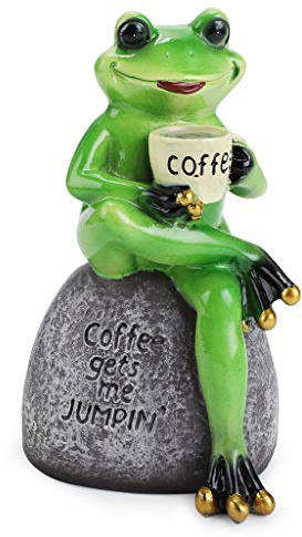 Sumnacon Resin Frog Figurines Sitting on Stone Statue Cute Creative Funny Green Frog Sculpture for Decoration Drinking Coffee