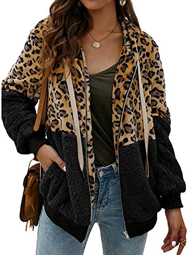 ABINGOO Cappotto Donna Casual Felpa con Cappuccio Giacca Leopardo Invernale Cerniera Giacche e Cappotti Vello Caldo Hoodies Outwear,Nero,L