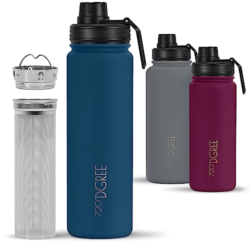720°DGREE Edelstahl Trinkflasche 710ml “noLimit” - Hält 12h Heiß, 24h Kalt | Mit Teesieb, Fruchteinsatz - Auslaufsicher bei Kohlensäure, BPA-Frei - Thermosflasche für Sport, Schule, Büro, Uni, Outdoor