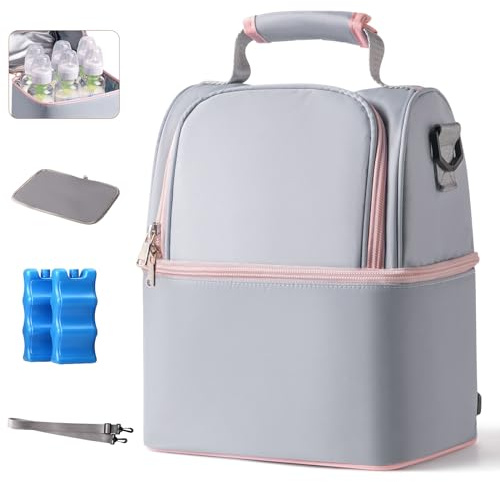 NCVI Bolsa térmica para Leche Materna con compresa de Hielo, Bolsa de Comida isotérmica, Bolsa para biberones con Capacidad para 6 biberones, Picnic (Gris)