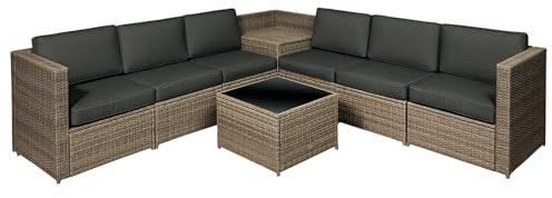 Outsunny 8 Pieces Outdoor PE Rattan Sofa Set with Cushions Mixed Brown | Patio Garden Furniture Sets, Glass Top Coffee Table, Storage Corner Table