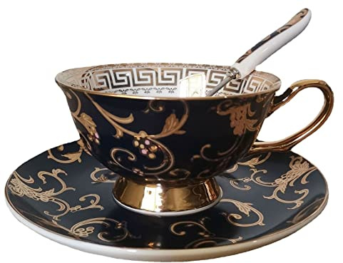 Eplze Bone China Cup& Saucer Set, 6.8oz (Retro Flower Pattern- Dark Blue)