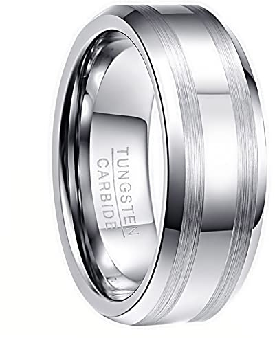 NUNCAD Brushed Wedding Rings for Men Polished Silver Promise Ring 8mm Tungsten Carbide Rings with Beveled Edge Size R