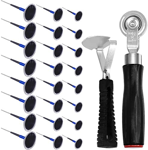 Swpeet Kit de réparation de crevaison de pneu avec 26 pièces de patchs en caoutchouc de 3,5 cm, 4,5 cm et 6 cm, kit de rouleau de roue avec racleur de doublure, kit d’assortiment, cheville de