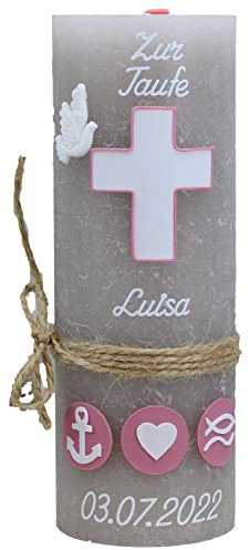 Cerziies® Taufkerze Rustik Luisa Junge oder Mädchen mit Name und Datum, individuell und handverziert 1554