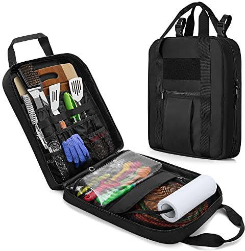 HODRANT Hanging Camp Utensil Organizer with Towel Paper Holder, Portable Camping Kitchen Cookware Bag for Knives, Forks, Spoons & More, Outdoor Cooking Tools Storage Box for Travel & Hiking, Bag Only