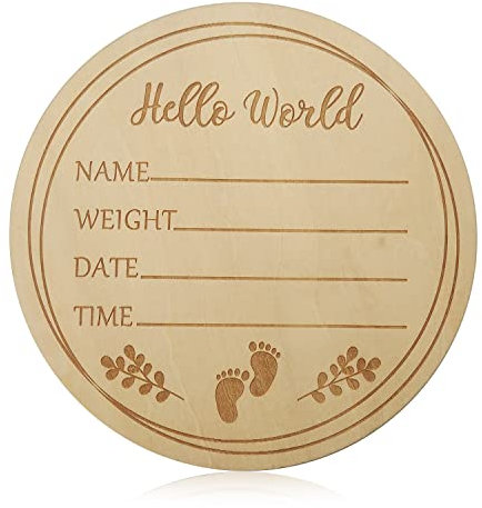Wooden Baby Announcement Sign, Hello World Plaque Round Wooden Newborn Welcome Sign Baby Birth Sign Board for Baby Shower Photo Prop Nursery Wall Decor A7CSMP