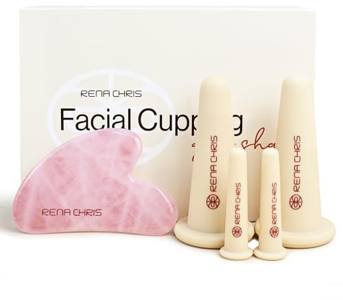 Rena Chris Gesichts-Schröpfen Set & Gua Sha Werkzeug - Silikon Schröpfgläser & Rosenquarz Gua Sha Stein für natürliche Hautpflege und Lippenaufpolsterung (Rosa)