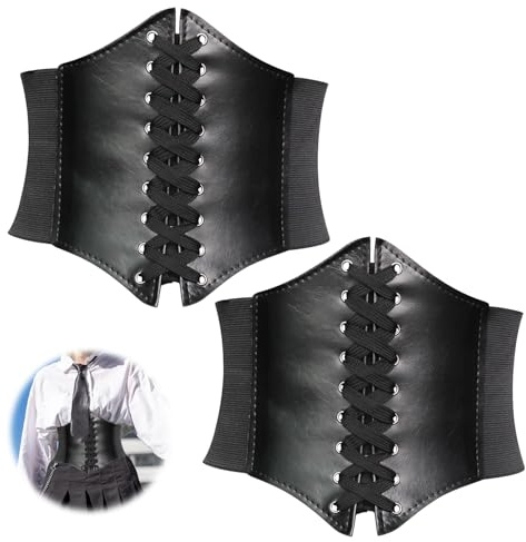 HERKINDNESS Ceinture Corset Femme, 2 Pièces Ceinture Corset PU Cuir, Réglable de 70 cm à 100 cm, Ceinture Élastique, pour Pardessus, Robe, FêTe, Jupe,Tenue Quotidienne (Noir)