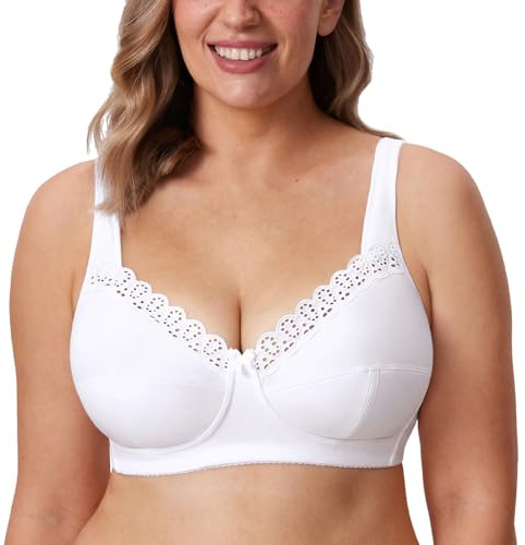 DELIMIRA Reggiseno Cotone Senza Ferretto in Pizzo Taglie Forti Morbido Senza Imbottitura Coppa Piena Bianco 10D