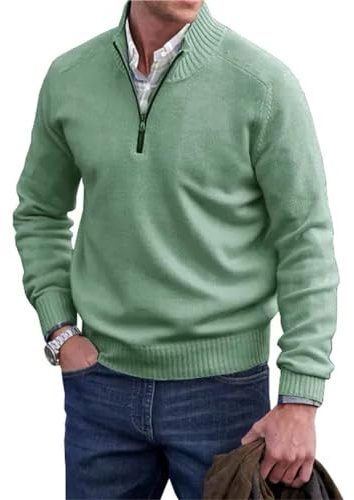 Pull basique en cachemire avec fermeture éclair pour homme, pull pour homme à fermeture éclair quart, pull basique tricoté à col rond pour homme, vert, L