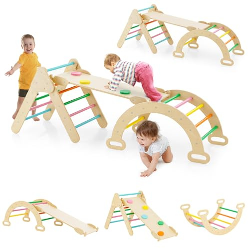 LIFEZEAL Kletterdreieck mit Rutsche, 7 in 1 Klettergerüst Set aus Buchenholz Indoor, Kletterbogen & Kletterleiter, Sprossendreieck Kletterspielzeug ab 1 Jahre (Bunt)