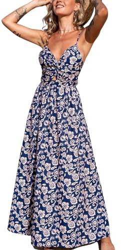 CUPSHE Sommarklänning för damer, V-ringad vridning, fram, boho, axelbandsklänning, fritidsklänningar, strand, fest, linne, klänning, Marinblå paisley, XL