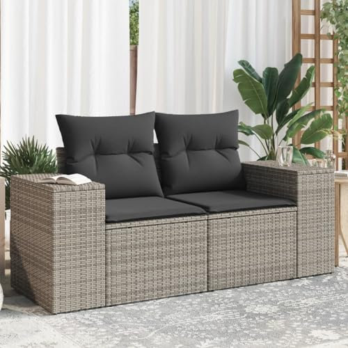 Homgoday Gartensofa 2-Sitzer mit Kissen Loungesofa Balkonsofa Balkonmöbel Terrassensofa Gartenlounge Balkon Lounge Gartenbank Gartenmöbel Poly Rattan und Grau und Dunkelgrau