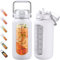 BLUEGO 2000ml Borosilicate Glass Water Bottle with Stainless Handle and Time Marker 2L Drinking Bottle with Silicone Sleeve and Straw for Gym Office Outdoor Sports Water Bottles BPA Free, White