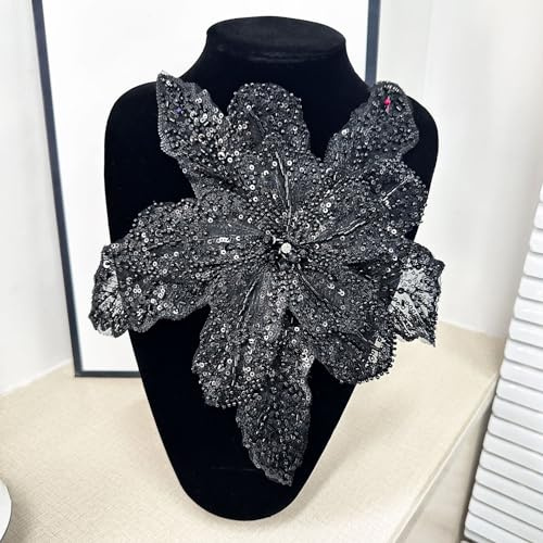 Wambere Stickerei Spitzen Blumen Patches + Anstecknadel,Blumenstickerei Applikationen Aufnäher mit Pailletten Perlen Patches Annähen Spitzenapplikationen für DIY Handwerk Kleidungsdekoration,Schwarz