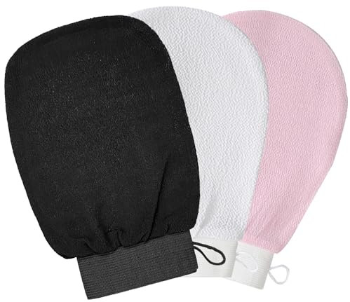 3Stück Peelinghandschuh, Exfoliating Gloves Waschhandschuh Körper Duschhandschuh Massage Peeling Handschuh Handschuhe für Körper Und Gesicht - Schwarz,Rosa,Weiß