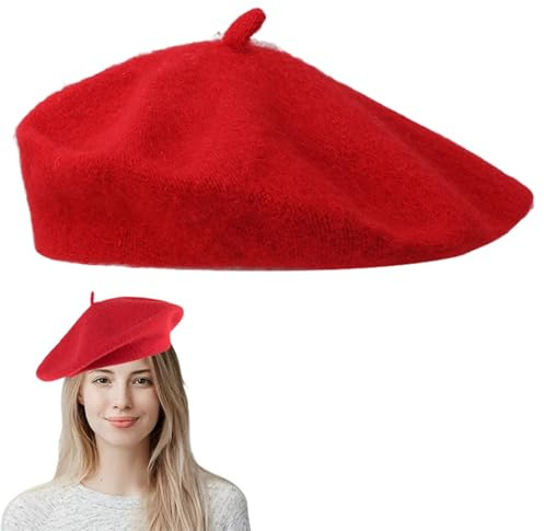 Rakiuty Chapeau Béret Français, Beret Laine Femme, Béret Casquette Classique pour Femmes, Bérets Femme, Beret Laine Chaud Hiver Automne, Bérets Vintage Couleur Classique Taille Unique, Rouge