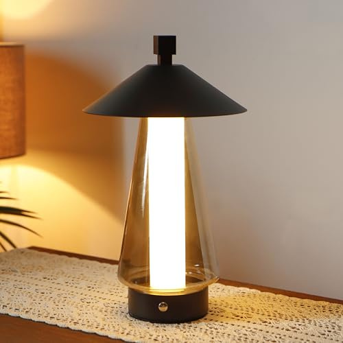 JHY DESIGN 3-Way Dimmable Bedside Lamp 12H Umbrella-shaped Touch Control Table Lamp Nightstand Lamp with Grey anodized glass lampshade for Bedroom Living Room Indoors Outdoors（Black,Type-C Charging）