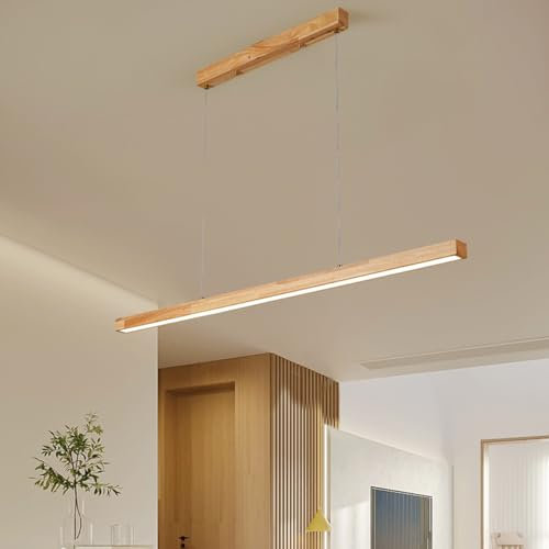 Aleaty Lampe à Suspension Linéaire LED en Bois - Moderne, Dimmable pour Salle à Manger et Cuisine - Hauteur Réglable avec Télécommande (L80cm)